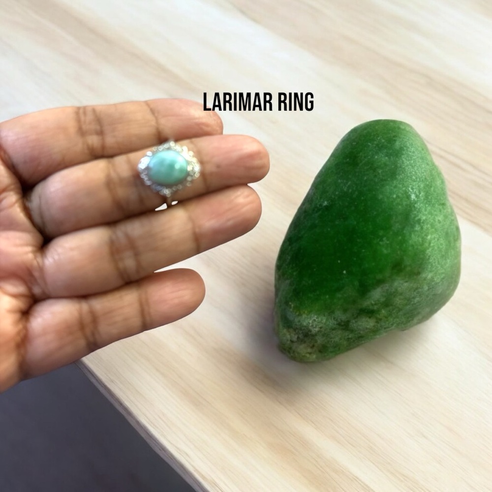 302R. Blue Larimar and Silver Tone Oval Ring with Elegant Design